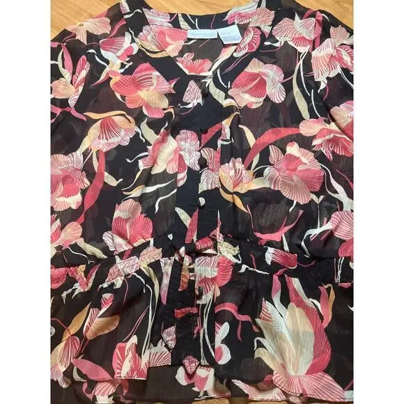 Worthington sz12 women’s sheer floral blouse ruffle sleeves fit flare waistline - Picture 7 of 9